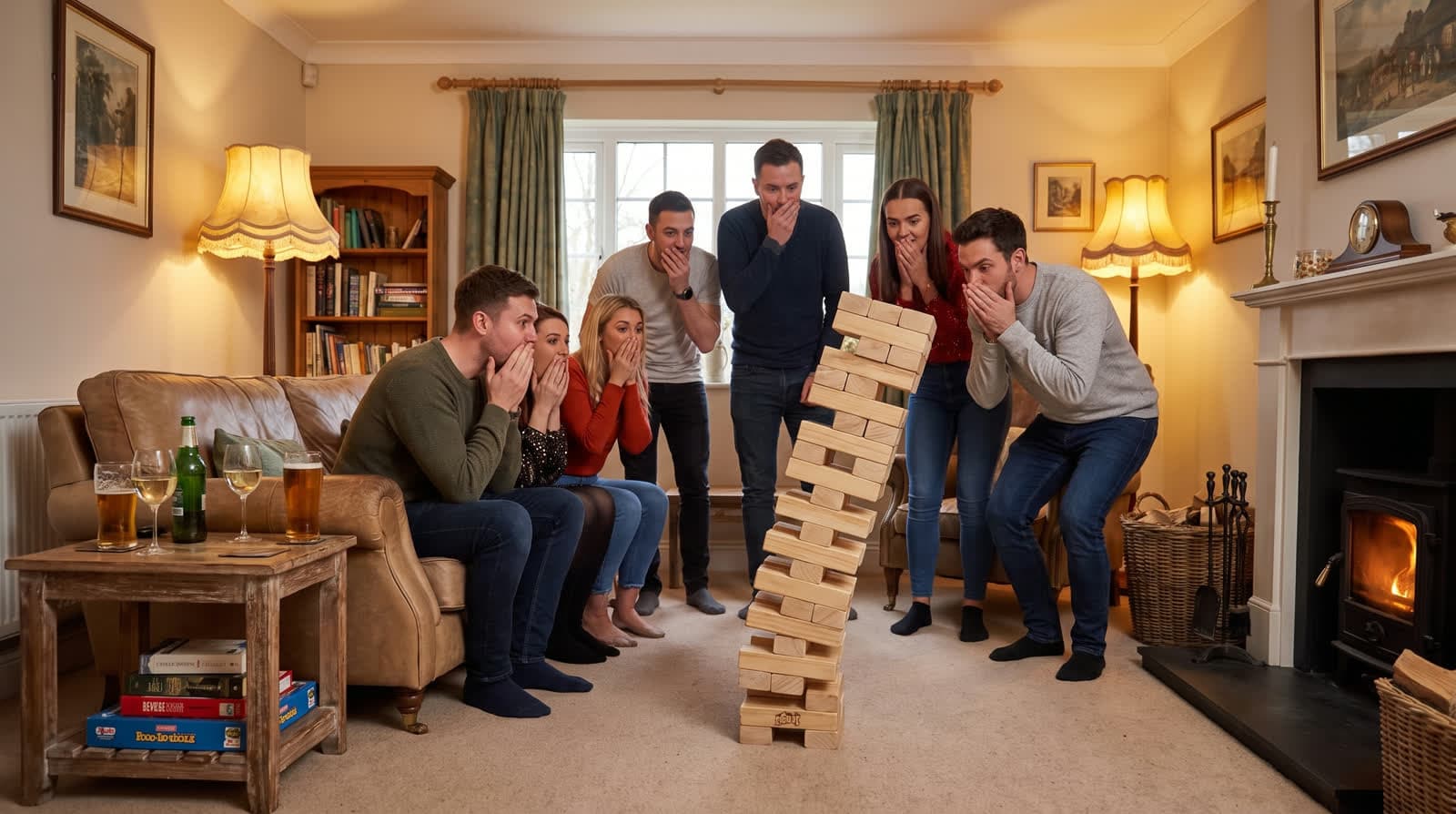 Adults mid-laugh over a wobbling giant jenga tower at a house party