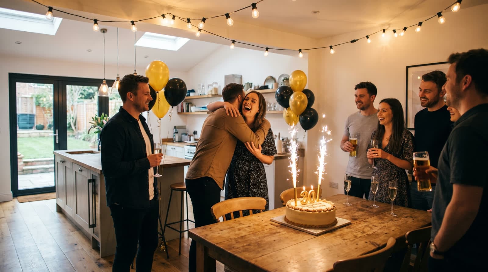 Friends around a sparkler cake at a stylish 30th birthday party