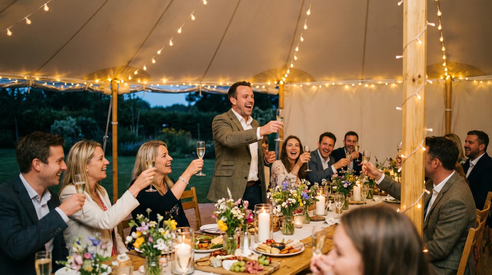 Garden marquee toast at a 40th birthday party at dusk
