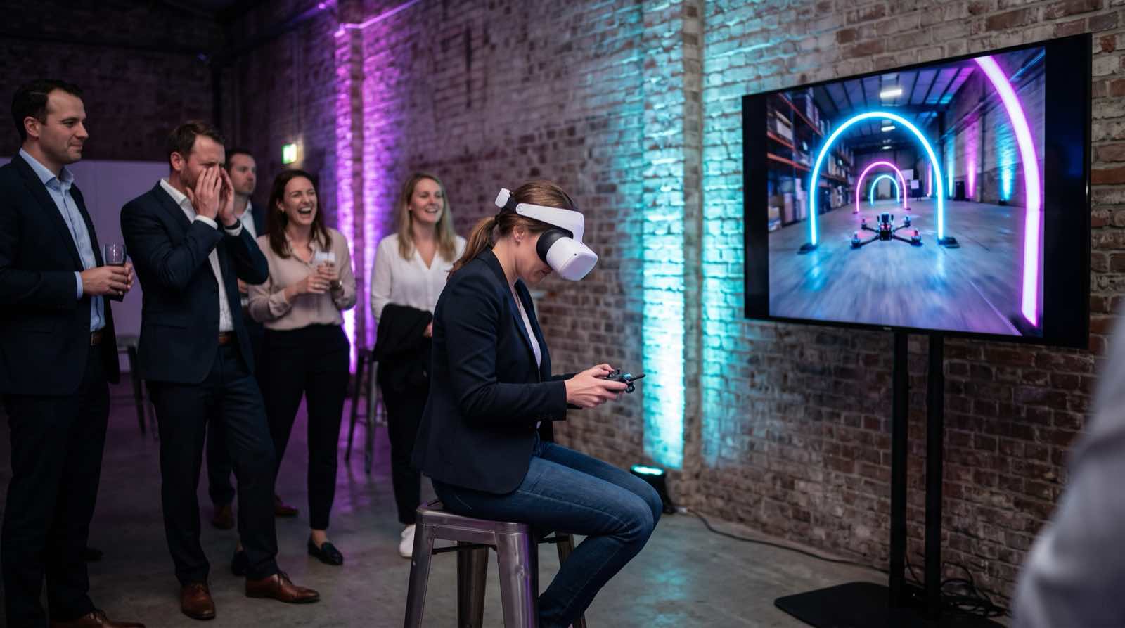 Colleagues cheering a drone race on screen at an office event
