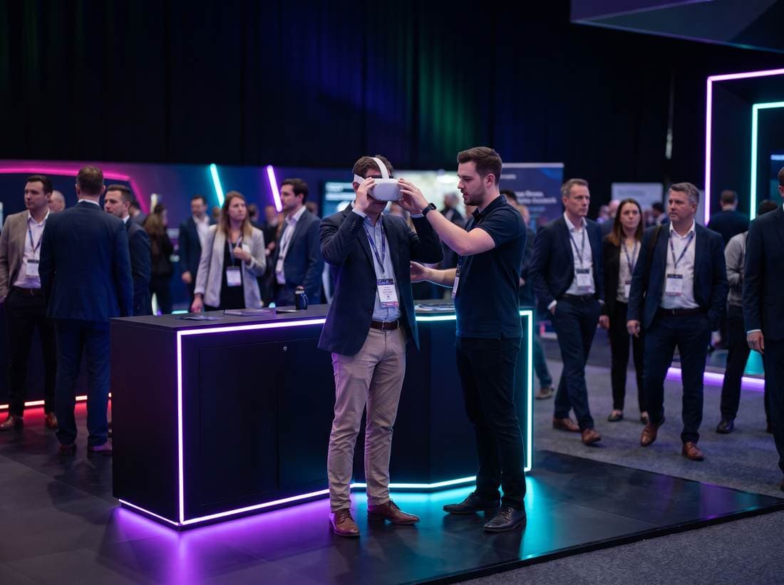 A host fitting a VR headset to a delegate on an exhibition stand