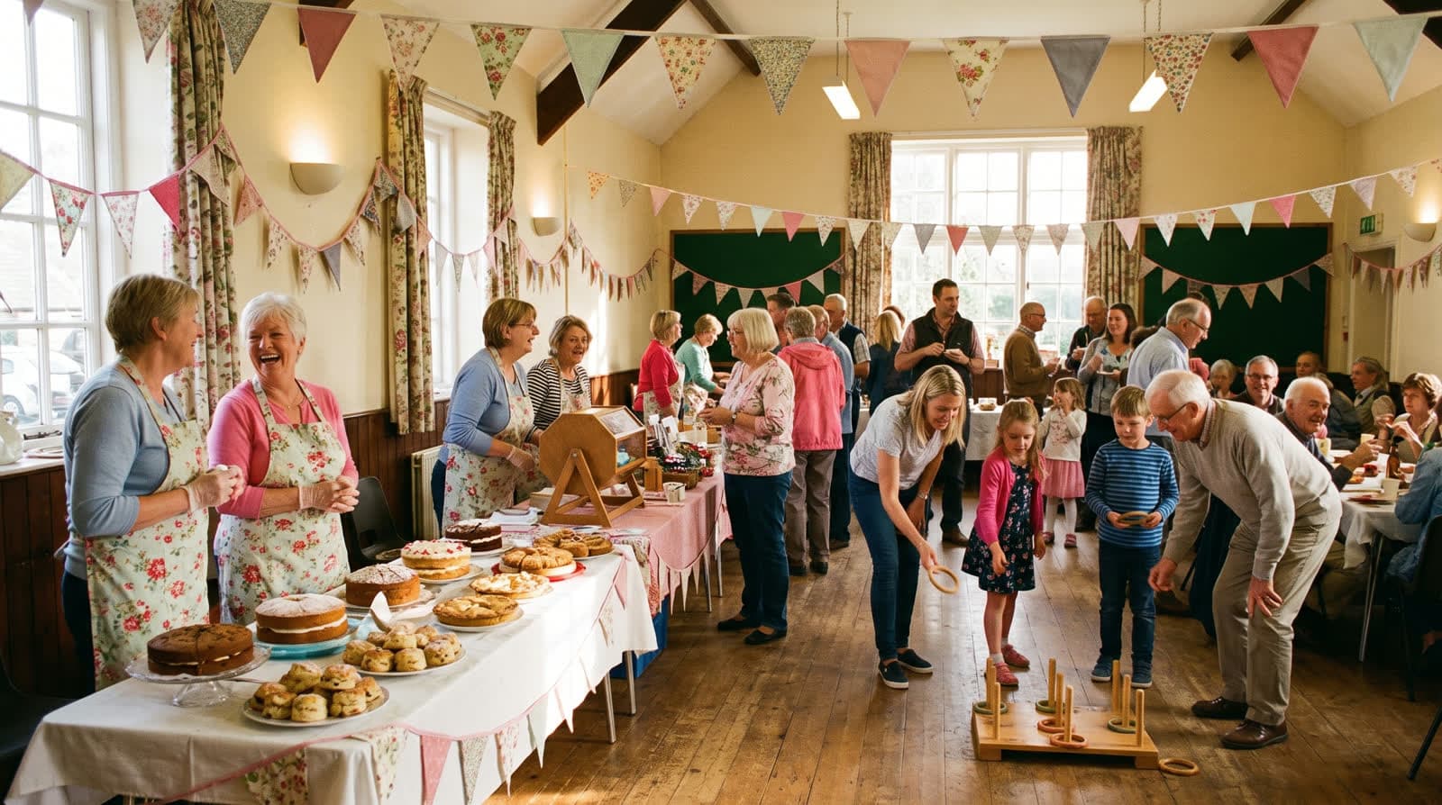 Village hall charity fundraiser with game stalls and bunting