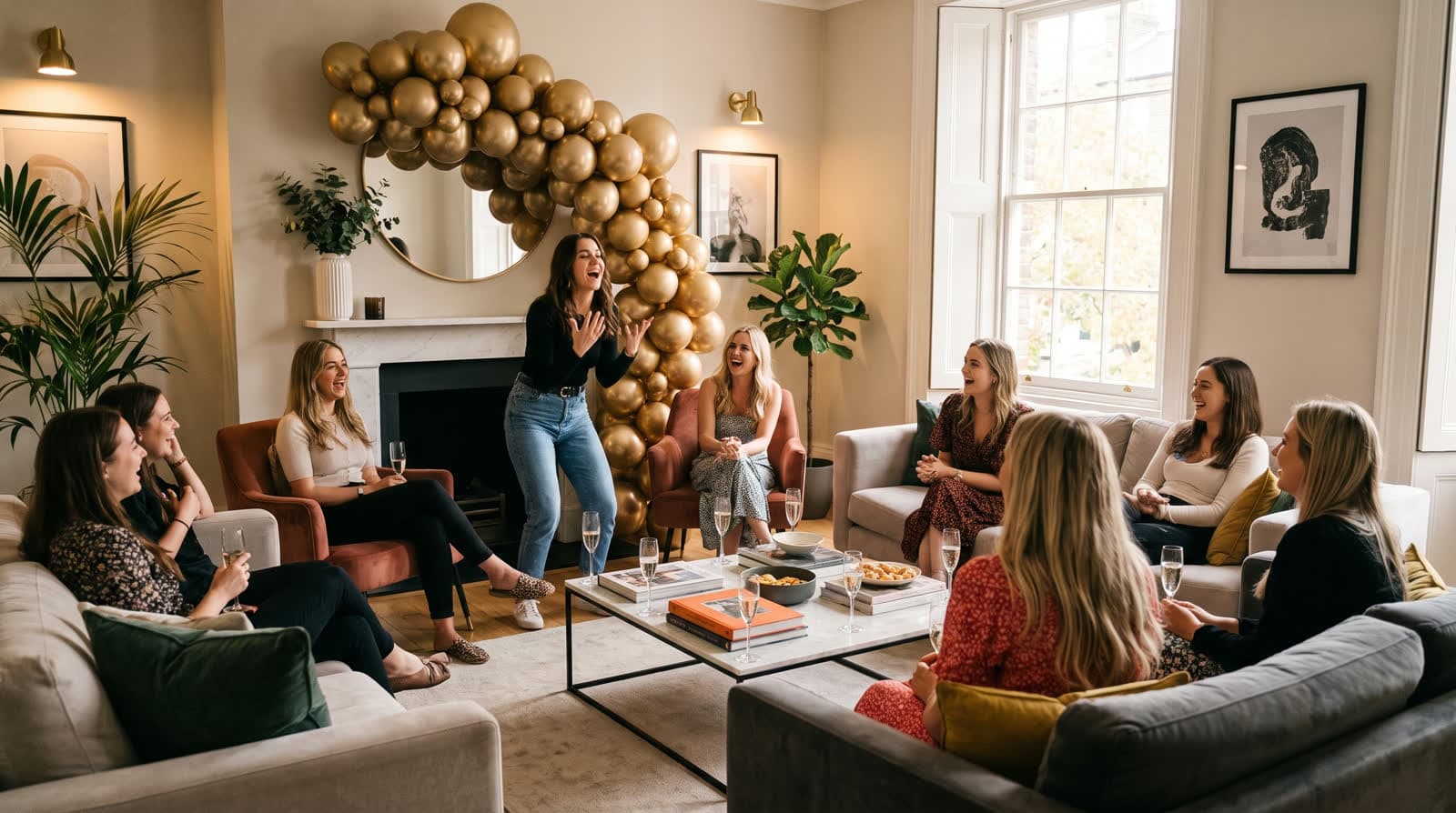 Hen party laughing through a game in a stylish living room