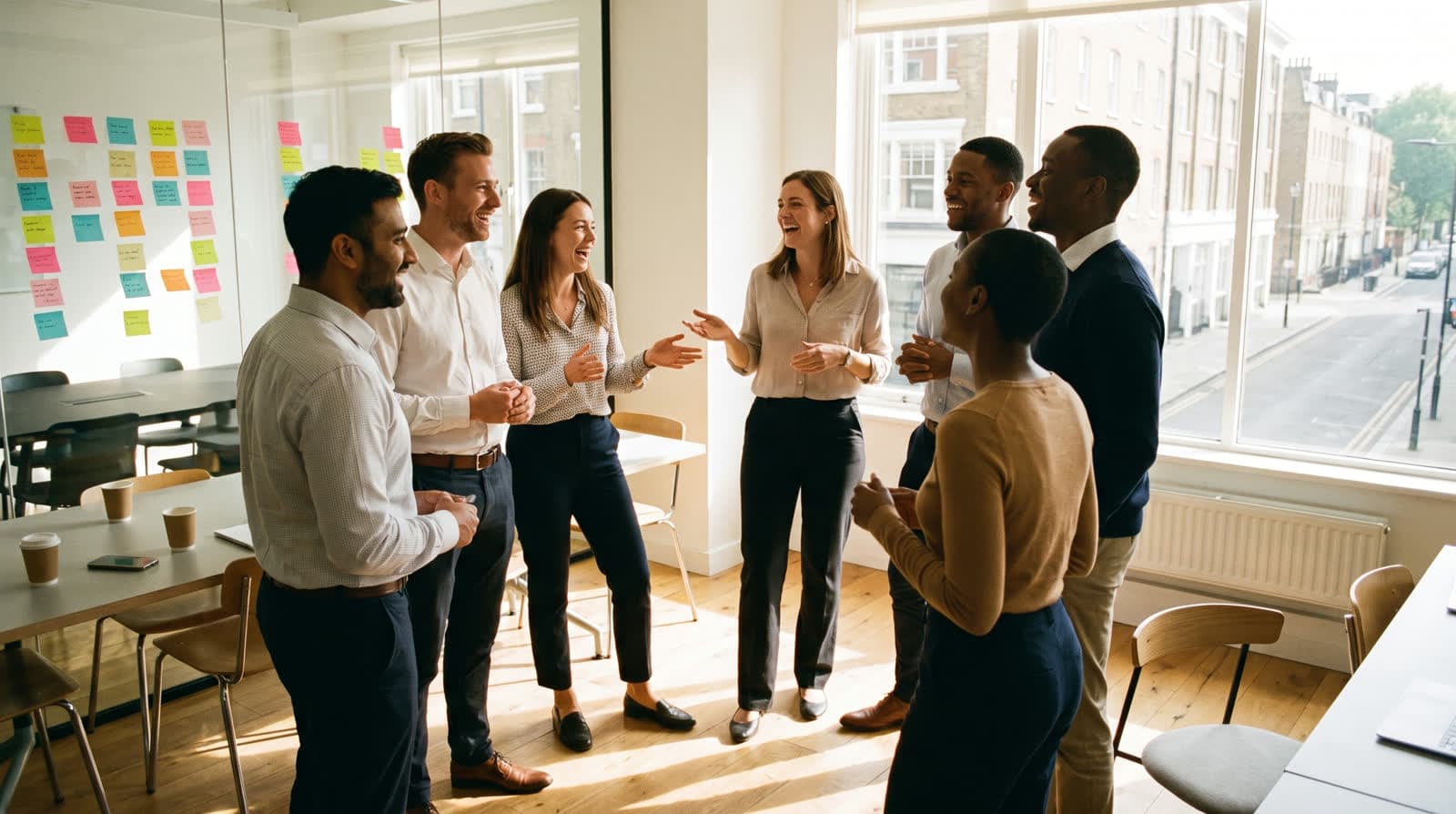 Colleagues laughing during an icebreaker in a bright meeting room
