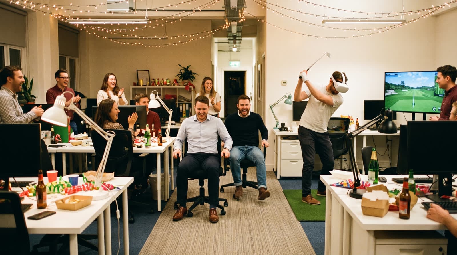 After-hours office party with a desk-chair race down the aisle