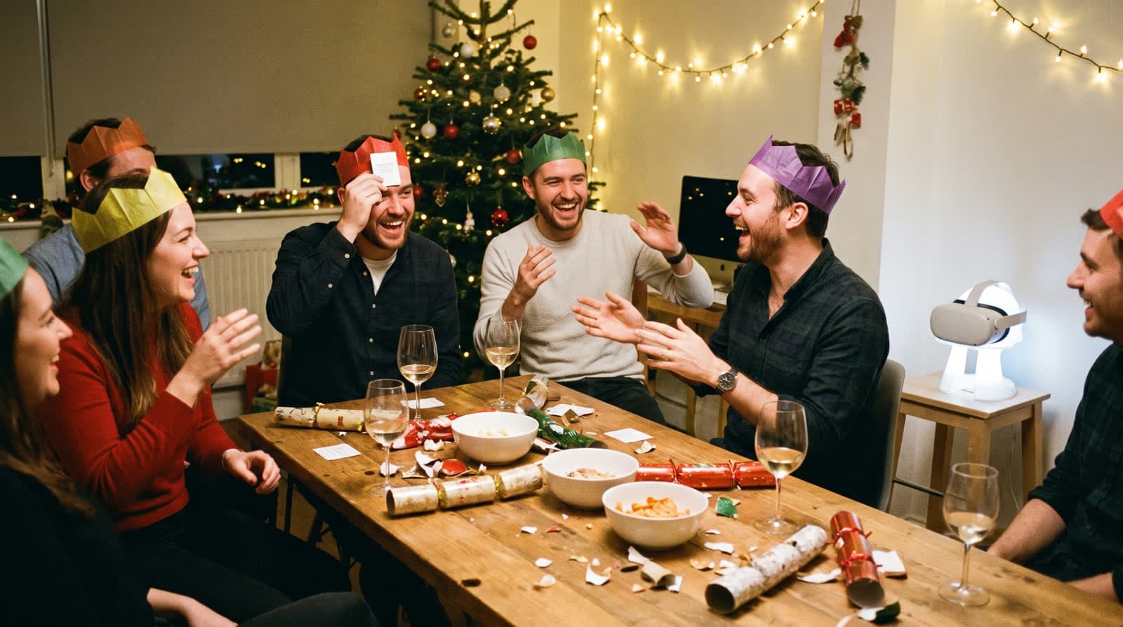 Colleagues in paper crowns playing party games at an office Christmas party