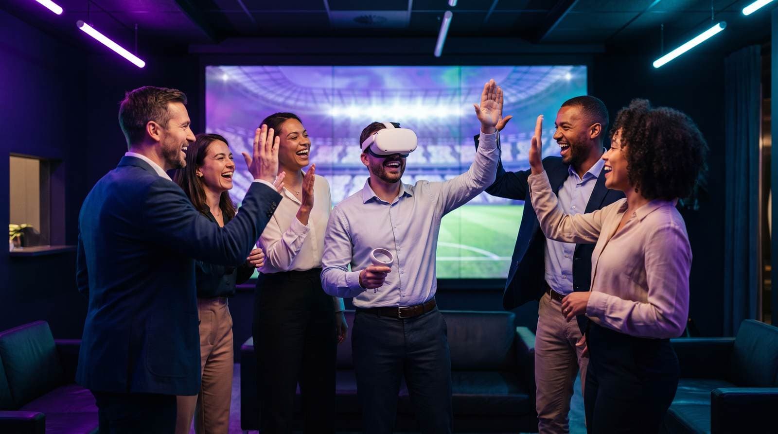 Colleagues celebrating around a leaderboard at a VR team event